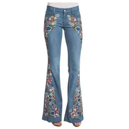 Storlek S4XL Elastisk blomma broderad flare jeans kvinnor retro stil klockbotten mager höst denim byxor kvinnor 240423