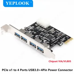 Cartas PCIE 1X 4 PORT USB3.0 5GBPS PCI Express Expansion Card Adapter com conector de energia de 4pin USB 3.0 Chipset de cubo via VL805