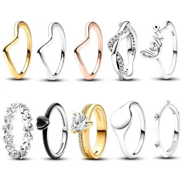 Ringar 2024 925 Sterling Silver Row of Hearts Eternity Rings for Women Heart Polished Wave Me Black Chakra Ring Valentine's Day Gifts