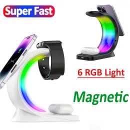 Laddare 4 i 1 RGB Light Magnetic Wireless Charger Stand för iPhone 14 13 12 Airpod Apple Watch 8 7 6 Fast Charging Dock Station