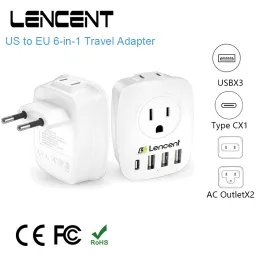 Chargers Lencent Us to Adapter da viaggio UE con 2 AC Outlet 3 USB e 1 Tipo C Adattatore Protezione da sovraccarico 6in1 Caricatore per viaggi