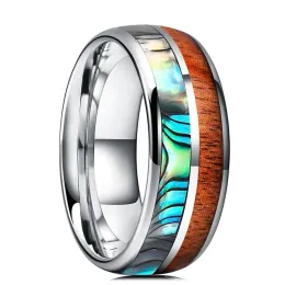 Группы Mens Fashion 8 -мм кольца из нержавеющей стали Inlay Koa Wood and Abalone Shell Ring