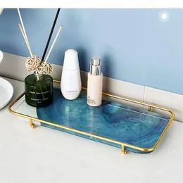 Decorative Figurines Marble Texture Ceramics Mirror Trays Bathroom Cosmetic Storage Dreamy Starry Pattern Tray Metal Frame Jewelry Plate