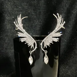 Küpe Parlak Rhinestones Angel Wings Kulak Kuff Piercing Ear Clif için Kızlar Su Damla Kolye Feamle Kıkırdak Düğün Takı