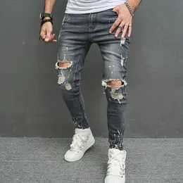 Ripped Menny Men Jeans Calça Lápis Male Male Male Hip Hop Sparkle Holas Impredidas Bolsas de jeans angustiadas para homens 240417
