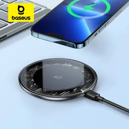 Chargers Baseus 15W Carregador sem fio rápido para iPhone 15 14 13 Para AirPods Visible Qi Wireless Charging Pad para Samsung S22 S10 Xiaomi LG