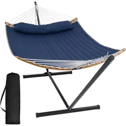 Móveis de acampamento Pátio Double Hammock com Rede Stand Camping Hammocks 450 lbs Capacidade Pillow macio Derrama ao ar livre com barra de espalhador curva acampamento Y240423