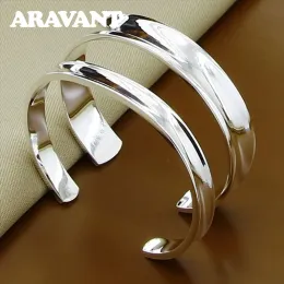 Stränge Aravant 925 Silber 2pcs glatte offene Manschettenarmbänder für Frauen Weihnachtsschmuck Set glatte Manschette Armbänder