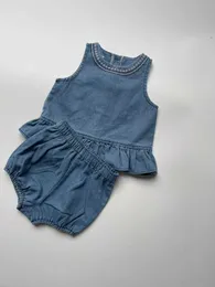 衣料品セット2024夏の新しい女の女の袖のデニム服セット幼児ベスト +ショーツ2PCSスーツ幼児服H240423