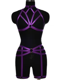 Bälten kroppssele bh set mörk lila underkläder bälten ihålig triangel ram bondage topp plus size goth dans rave bustier strumpor