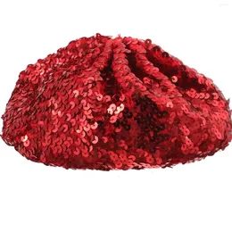 Berets Women Fashion Sparkle Sequins Beanie Hat Costume Akcesoria do tańca (czerwony)