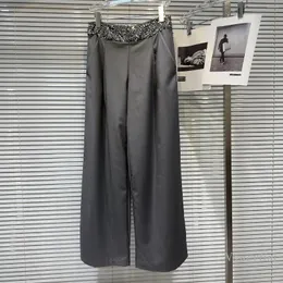 Calça feminina 2024 Summer Silver Ligins Temperamento da cintura Terno de perna larga para mulheres Cinzentas Cinzentas