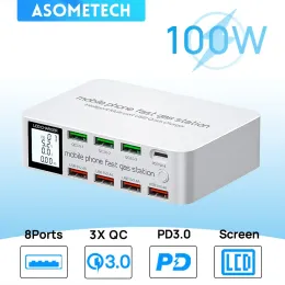 Polijsters 100W USB Charging Station مع 3 QC3.0 Charge Charge Port 20W PD USB Type C Port LCD Display Fast Charger for iPhone Xiaomi