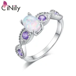 Band cinily vit eld opal oval sten ringer silver pläterade lila lila zirkoniumkristallengagemang bröllop fulljalt boho kvinna