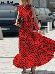 الفساتين غير الرسمية Vonda Women Party Maxi Deess 2024 Summer Summeress Polka Dot Printed Long Sundress Lace Up Ruffled Robe