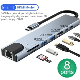 HUBS 8IN1 USB C 3.0 HUB Typ C Laptop Adapter till 4K HDMICOMPATIBLE 100M RJ45 Ethernet SD/TF -kort PD USB 3.0 Dock Station Splitter