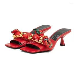 Slippers Mixed Color Silk And Chain Decoration One Strap Women Summer Square Toe Spike Heels Sandals Lady Party Hight Heel Shoes
