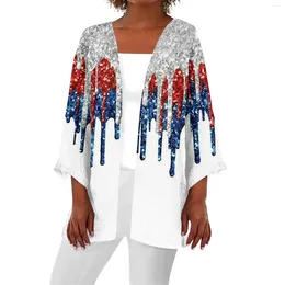 Kvinnors T -skjortor Casual Fashion Caot Independence Day Print Lightweight Medium Length Jacket Cardigan Fashionabla och Simple