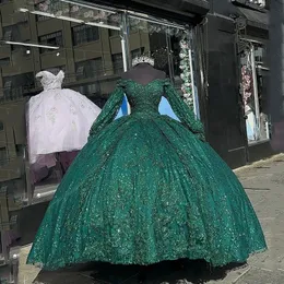 Long Sleeves Lace Quinceanera Dresses Off The Shoulder Princess Prom Special Occasion Dress Back Lace-Up Dark Green Vestido De 15 VX Anos Sweet 16 Dress