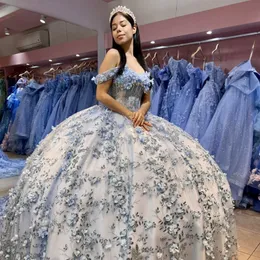 Сверкающие 3D цветочные цветы Quinceanera платья с блестками кружевное платье с шариком сладкое 15 vestidos de xv anos swer
