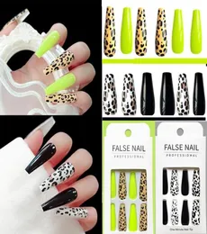 24 Piecesset Leopard Print Fake Nails Extra Long Coffin Fake Nails Elegant Shiny fluorescerande akryl Nagel Tips Manicure Tool7851595