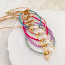 Bransoletki 5PCS Classic Leaf Charm Bracelets Biżuteria dla kobiet prezenty Dainty kolorowe koraliki nasion Bransoletka Regulowana lina pulseras femme