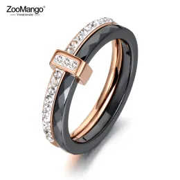 Bandas Zoomango 2 Camadas Black/Branco Cristal de Cristal Ringos para Mulheres Meninas Meninas Rosa Gold Cor aço inoxidável engajamento ZR18054