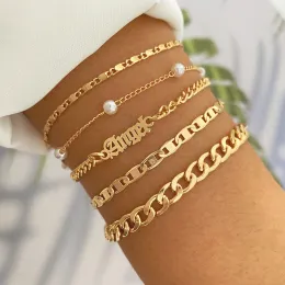 Strands Bohemian Gold Color Chain Bracelet Set para mulheres Faux Pearl Angle Letter Charm Bangle Jóias de festa da moda feminina