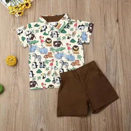 Roupas Conjuntos de roupas 1-5t meninos de verão Casual Moda Roupa Defina Flip Collar Animal Print Top Shorts elástico Coffee Green