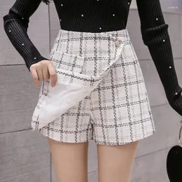 Shorts femininos outono de inverno elegante feminino de lã de altas pernas largas pernas de vestuário xadrez saia de booty pantalones cortos de mujer