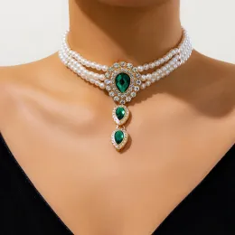 Kolyeler Ingesight.Z Vintage Çok Katlı Taklit İnit İnci Boncuklu Suç Kolye Kadınlar Lüks Yeşil Rhinestone Droplet Uzun Kolye