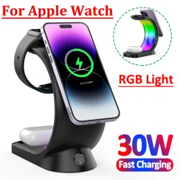 Laddare 30W 4 i 1 magnetiskt trådlöst laddningsstativ för iPhone 14 13 12 Pro Max RGB Lights Fast Charging Station för Apple Watch AirPods