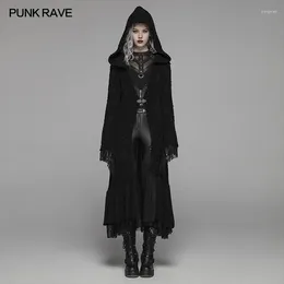 Damengrabenmäntel Punk Rave Gothic Retro Black Long Kapuzenpullover Halloween Kostüm Persönlichkeit Frauen Woll -Strickjacke Manschetten genäht