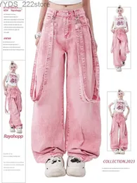 Frauen Jeans Adagirl Pink Y2K Cargo Jeans Harajuku Womens Super Large Vintage Gürtel Weitbein Taille Hip-Hop Korean gerade Hosen YQ240423