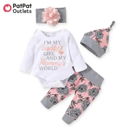Sets PatPat 018M 4pcs New Born Baby Girl Clothes Jumpsuit 95% Cotton Letter and Floral Print Longsleeve Newborn Gift Outfit Set