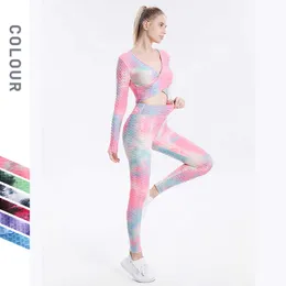 Lulemen Tops Shorts New Tie Dyed Yoga Set Womens Cross High High High High High Waist Elastic Tight Yoga Pants 피트니스 세트