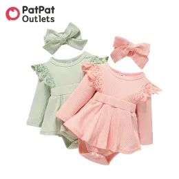 One-Pieces PatPat Baby Girl Clothes New Born Baby Items Designer Overalls Jumpsuits Solid Rib Knit Bow Longsleeve Newborn Romper Bodysuit