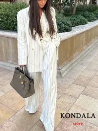 KONDALA Vintage Autumn Office Women Suit Stripe V Neck Double Breasted Pockets Blazer Straight Loose Pants Fashion Sets 240421