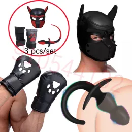 Spielzeug Welpe spielen Puppenhaube Maske, Hundepfoten -Crawl -Lederhandschuh, Anal Tailplug, Fetisch Slave Pet Cosplay SM Sex Game Fantasy Bondage Toy Set