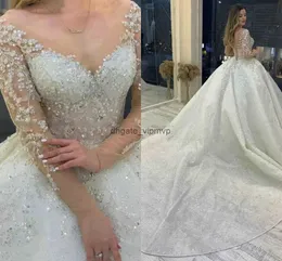 Sparkly Crystal Wedding Dress V-neck Long Sleeves 2023 Vestido De Noiva Lace Up Pageant Beading Bridal Gowns Custom Made Robe De Mariee