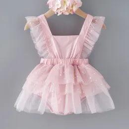 Einszene Säugling Neugeborene Baby Girls Strampler ärmellose Square Neck Pailletten Party Prinzessin Tüllkleid für 318 Monate