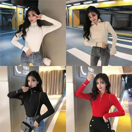 겨울 가을 터틀넥 스웨터 여성 지퍼 편지 자수 슬림 풀 오버 긴 소매 스트레칭 니트 점퍼 탑 M9N294 201222