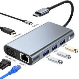 HUBS 11 8 7 6 5 4 IN1 USB TIPO Typ C Hub Docking Station Dual 4K HDTV VGA PD RJ45 Ethernet SD/TF Card Reader Laptop för MacBook Mini