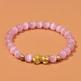 Stränge Feng Shui Steinperlen Armband rosa Katze Augenperle Armbänder Pixiu Reichtum Glücksarmband für Frauen Männer Schmuck Armreifen Geschenke