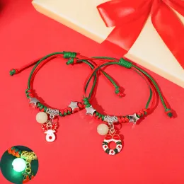 Strands 2PCS Xmas Luminous Braid Bracelets Xmas Tree Bell Santa Snowflake Bracelet Charms for Women Men Gifts Trendy Christmas Jewelry