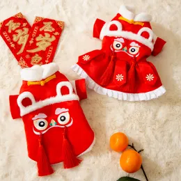 Sets Dogs Cats Chinese Dragon Year Red Lion Dance Couple Clothes Pet Han Chinese Costume Dress Pet Outdoor Warm Flannel Pet Clothes