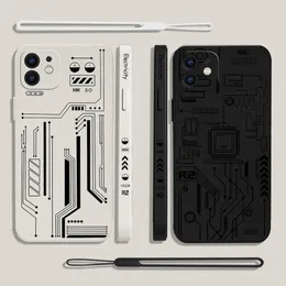 Cell Phone Bumpers Electronic Lines Circuit Board Phone Case for Oneplus Nord 3 2 9R 9 8T 8 7 7T Pro 6 5G Liquid Silicone Cover with Hand Strap Y240423