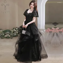 Partykleider Yosisimi-Womens schwarzes langes Kleid Vintage Mesh Bodenlänge Kurzer Puffärmel A-Line Ball Kleid Abend Sommer 2024