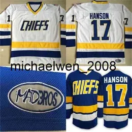 Kob Weng #17 Steve Hanson Charlestown Jersey, Herren Hanson Bruder Slap Schuss 100% genähte Stickerei -Filmhockey -Trikots Blue White