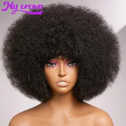 Fluffy Afro Kinky Curly Human Hair Wig With Thick Bang 70s Natural Short Bob Wigs For Black Women 180% Density Full Machine 240408